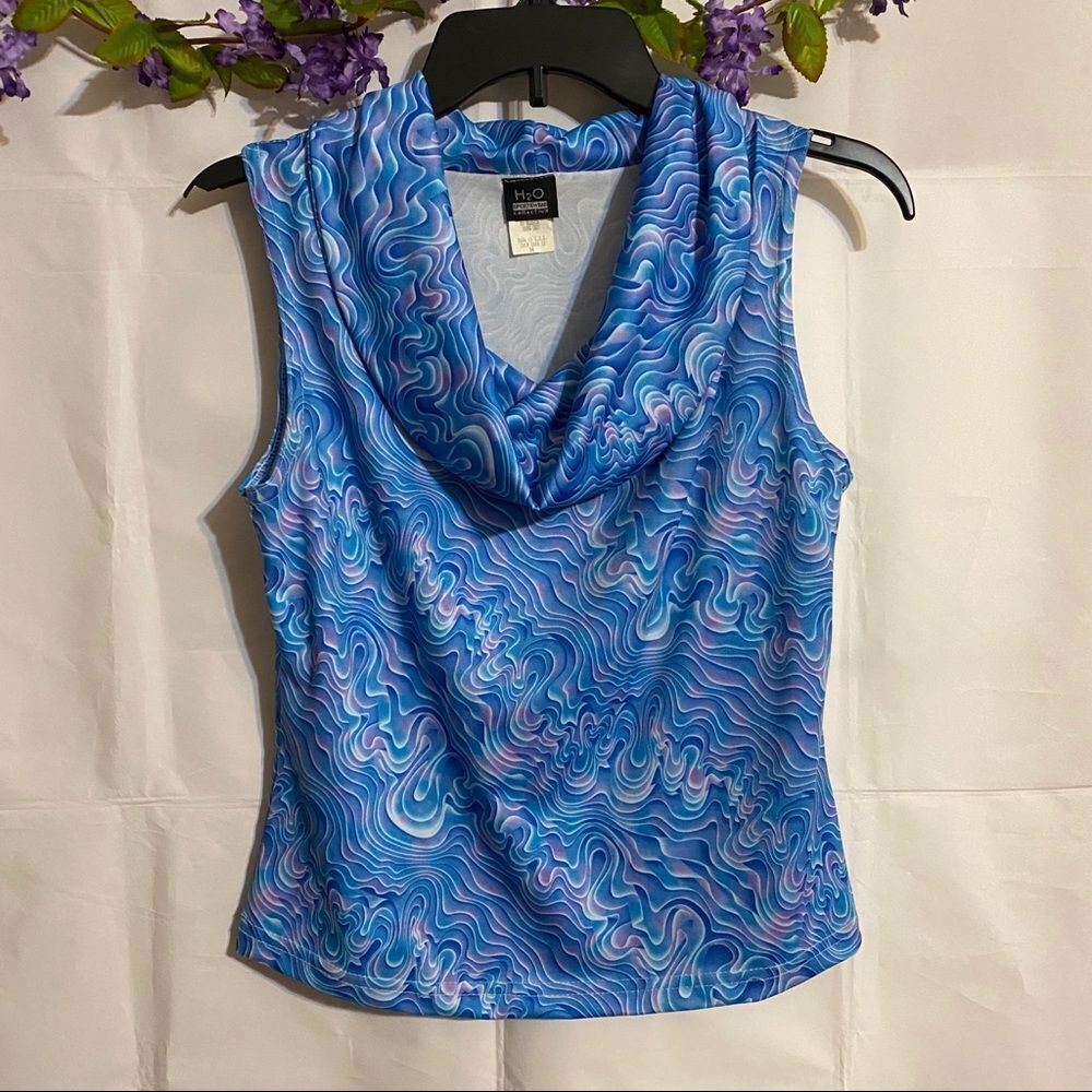 H2O sportswear top, blue/purple/teal wave colors,
